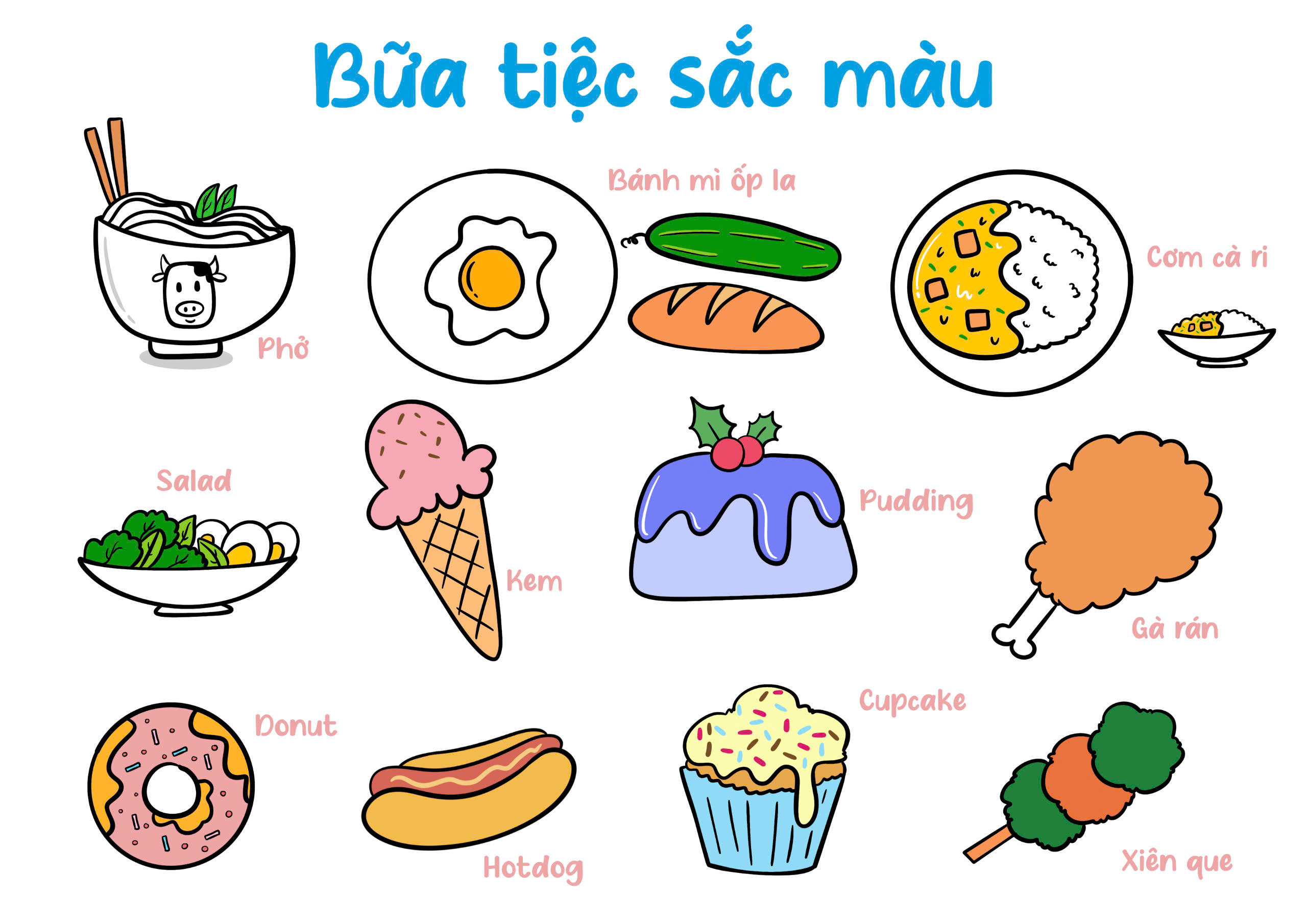 Khóa học Bé vẽ Doodle 17 Bua tiec sac mau